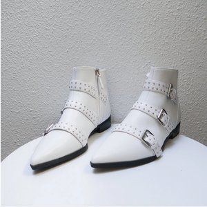 9 West white leather buckle ankle booties